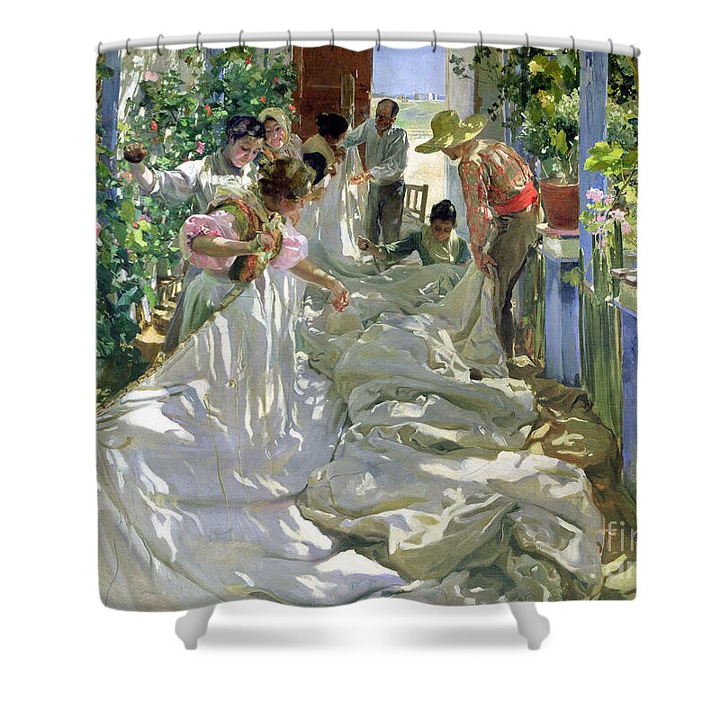 Sewing;straw Hat;geranium;sunshine;worker;workers;greenhouse;conservatory;interior; Pagoda Shower Curtain featuring the painting Mending the Sail by Joaquin Sorolla y Bastida