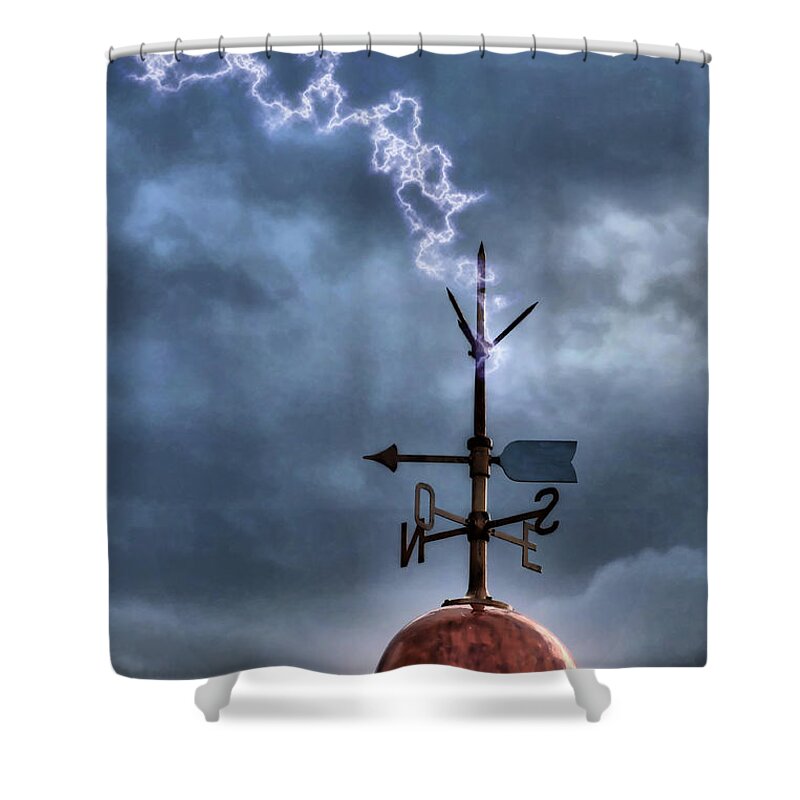 Architecture Shower Curtain featuring the photograph Menorca copper lighthouse dome with lightning rod under a bluish and stormy sky and lightning effect by Pedro Cardona Llambias