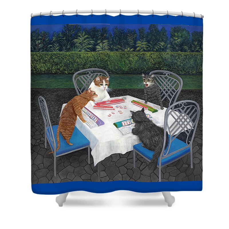 Cat Art Shower Curtain featuring the painting Meowjongg - Cats playing Mahjongg by Karen Zuk Rosenblatt