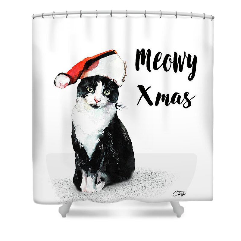 Cat Shower Curtain featuring the painting Meowy Xmas by Colleen Taylor