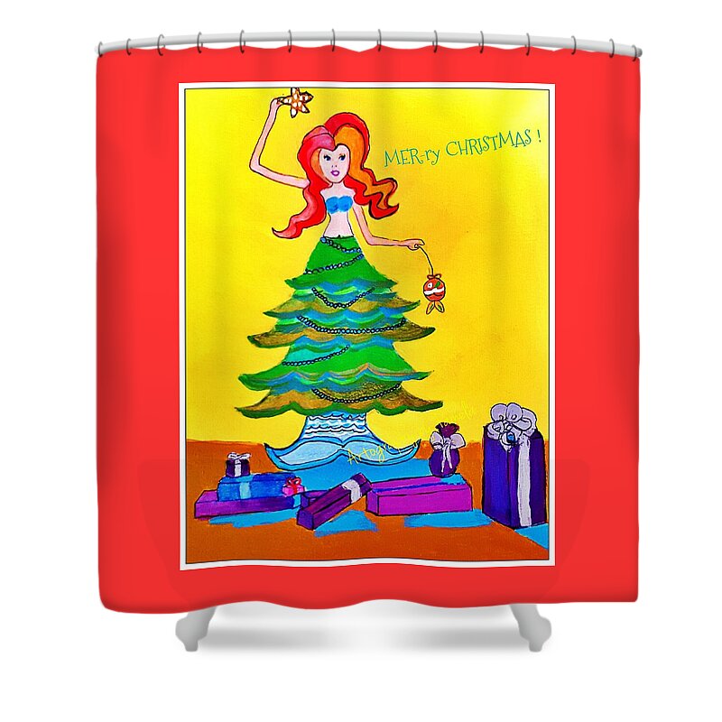Christmas Mermaid Shower Curtain featuring the painting Mer-ry Christmas Mermaid Tree  by Pamela Smale Williams