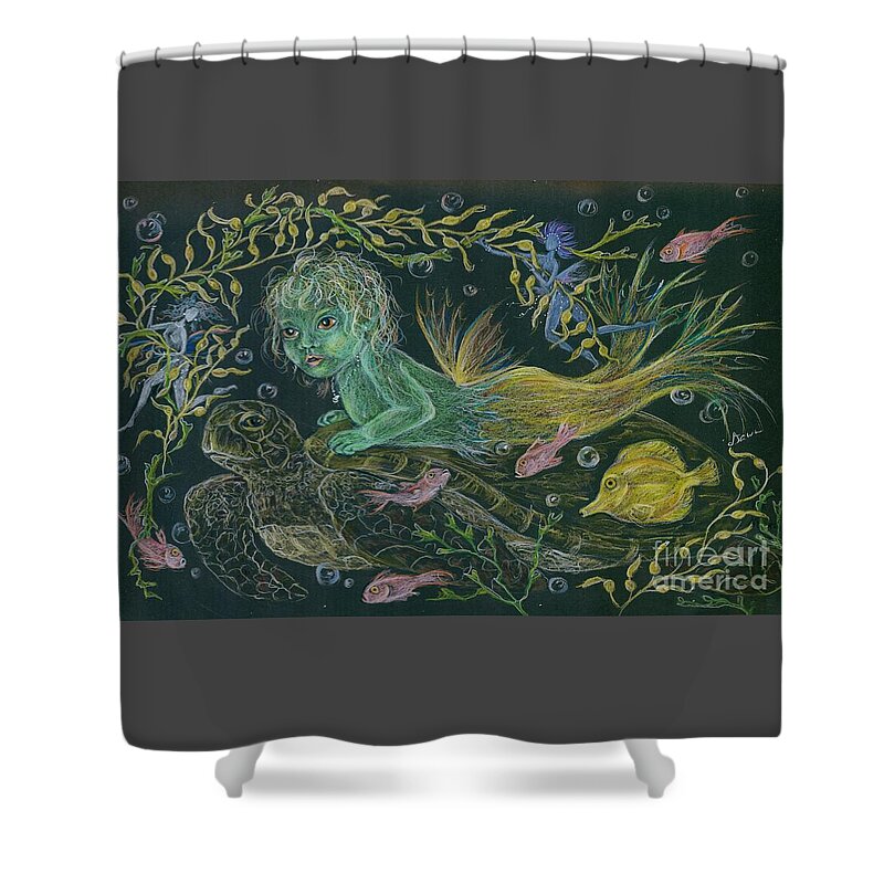 Turtle Shower Curtain featuring the drawing Merbaby Green by Dawn Fairies