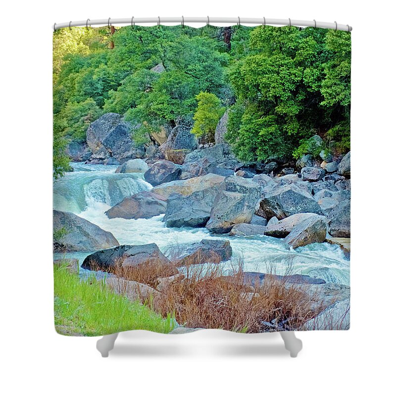 Quiet Spot In Merced River Alongside Highway 140 In Yosemite National Park Shower Curtain featuring the photograph Merced River alongside Highway 140 in Yosemite National Park, California by Ruth Hager