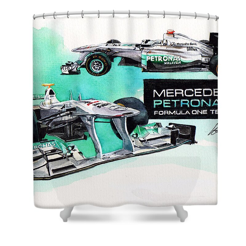 Mercedes F-1 Race Car Shower Curtain featuring the painting Mercedes AMG Petronas Formula-1 by Yoshiharu Miyakawa