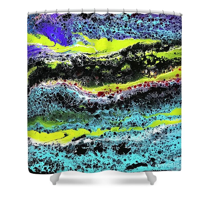 Acrylic Flow Pours Shower Curtain featuring the painting Mercury Wars 9 by Sherry Harradence