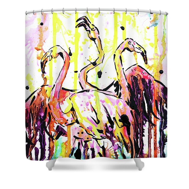 Flamingo Shower Curtain featuring the painting Merging. Flamingos by Zaira Dzhaubaeva