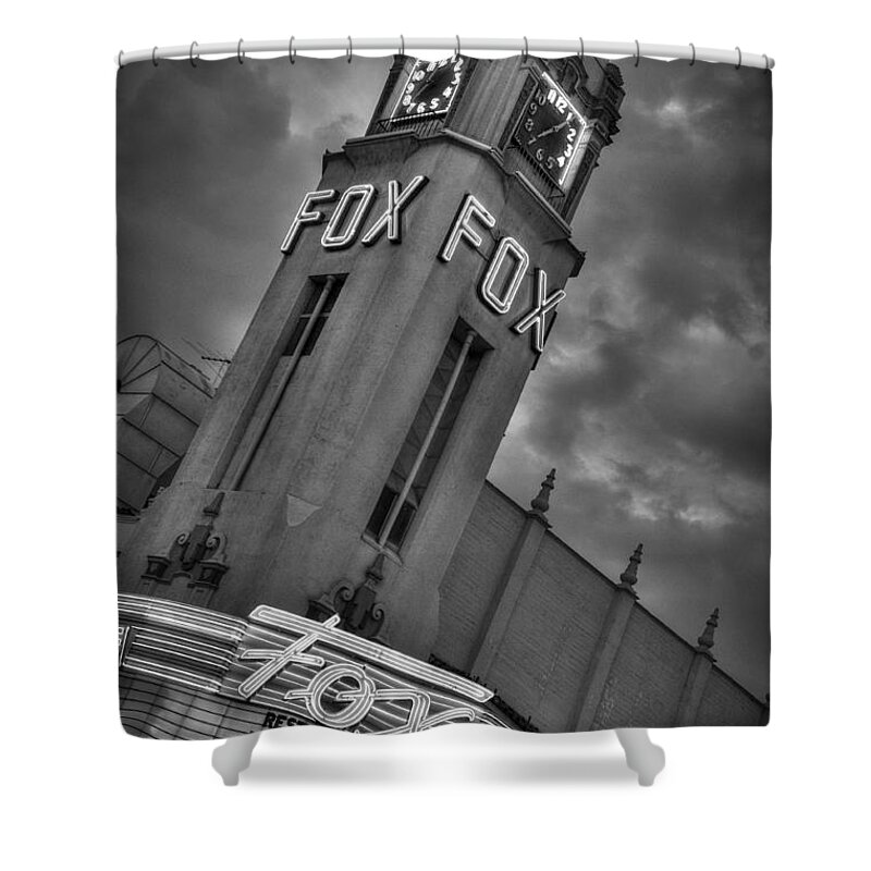 1937 Shower Curtain featuring the photograph Merle Haggard RIP Fox Theater Black and White by Connie Cooper-Edwards