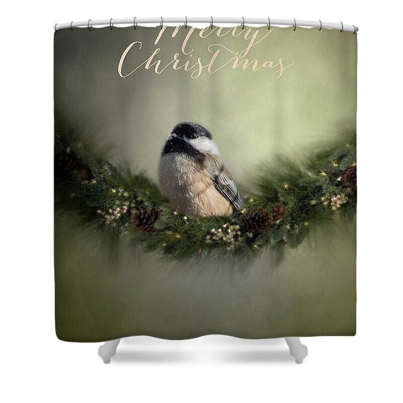 Song Bird Shower Curtain featuring the photograph Merry Christmas Chicadee 1 by Cathy Kovarik