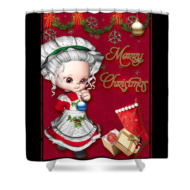 Christmas Merry Card Holiday Santa Claus Mrs Red Green Gold Silver Gray Red Gifts Celebrate Xmas Garland Snow Snowflakes Ornaments Season Seasonal Vertical mrs Claus Sentiment Wishes Stocking Ribbons Bows. Shower Curtain featuring the mixed media Merry Christmas by Paula Ayers