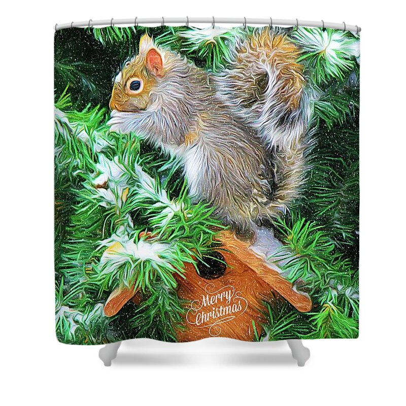 Squirrel Shower Curtain featuring the photograph Merry Christmas Squirrel by Tina LeCour