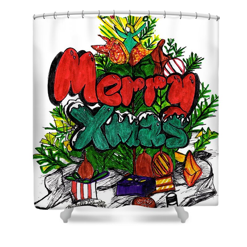 Christmas Shower Curtain featuring the mixed media Merry Xmas by Michelle Gilmore