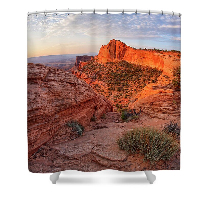 America Shower Curtain featuring the photograph Mesa Arch overlook at dawn by Kyle Lee