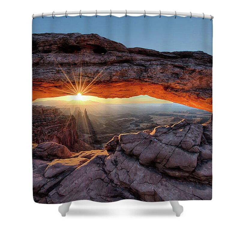 Olenaart Shower Curtain featuring the photograph Mesa Arch Sunburst Moab Utah by O Lena