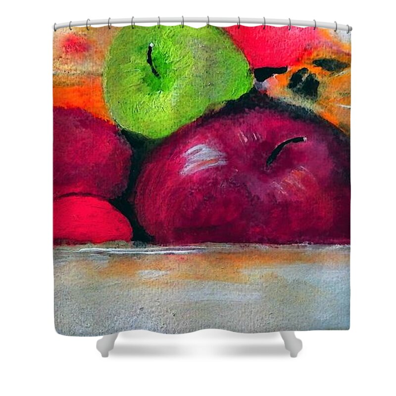 Fruit Shower Curtain featuring the painting Messing Around With Fruit Bowl Design on White by Lisa Kaiser
