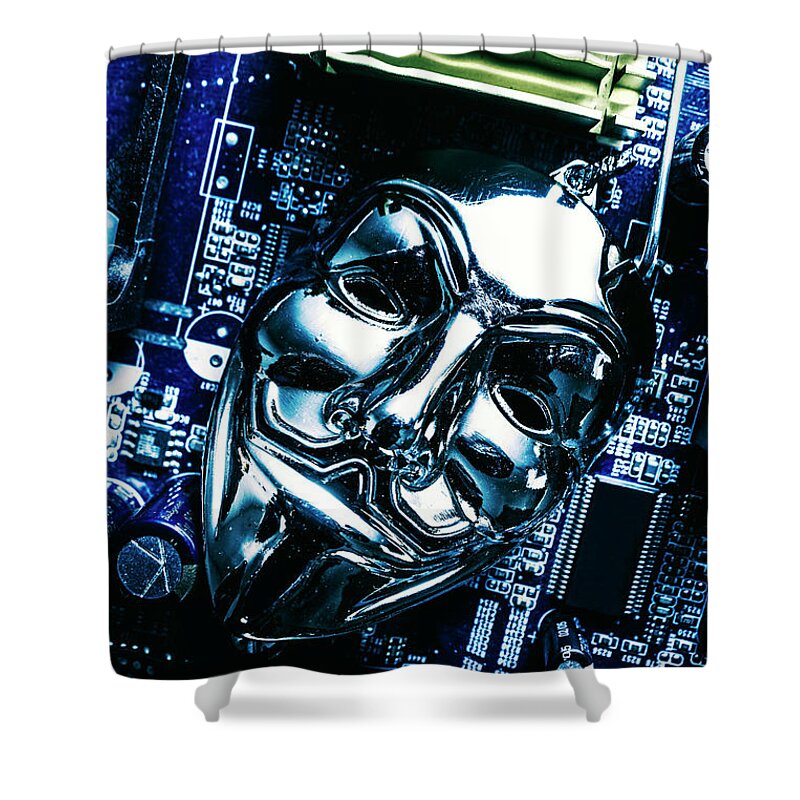 Cyber Shower Curtain featuring the photograph Metal anonymous mask on motherboard by Jorgo Photography