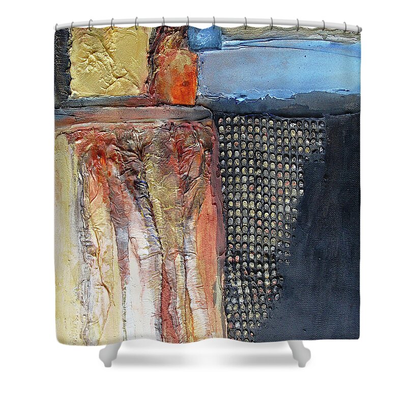 Mixed Media Shower Curtain featuring the mixed media Metallic Fall with Blue by Phyllis Howard