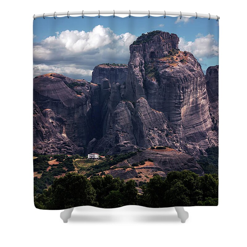 Mood Shower Curtain featuring the photograph Meteora at dawn by Jaroslaw Blaminsky