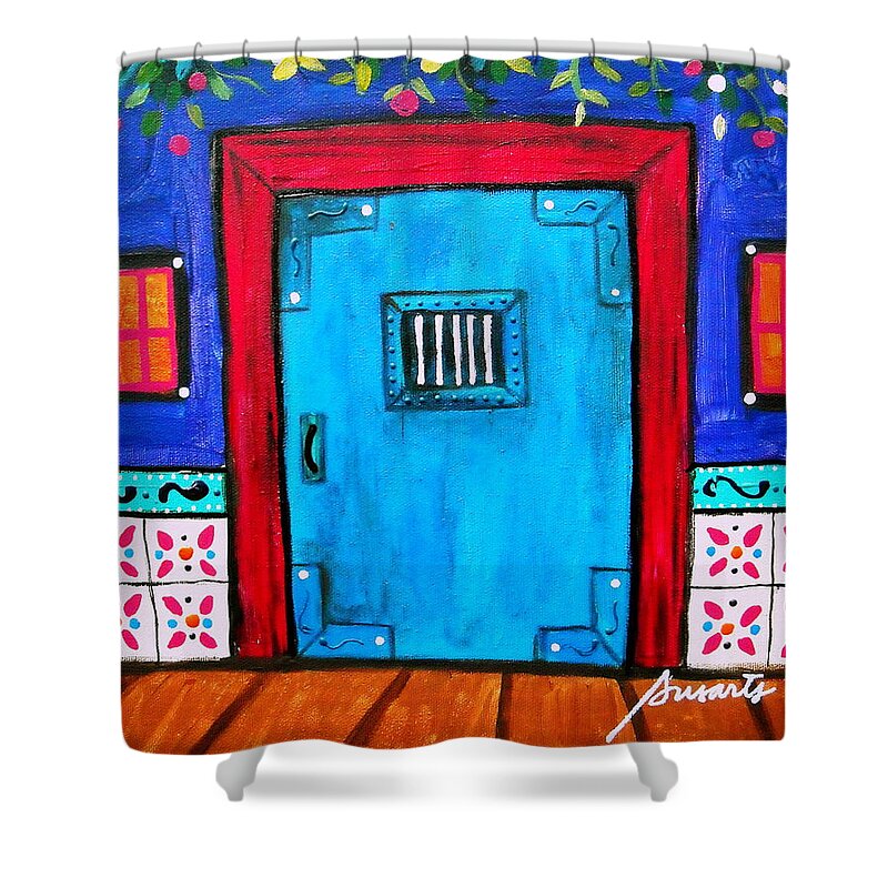 Mexican Shower Curtain featuring the painting Mexican Door Painting by Pristine Cartera Turkus
