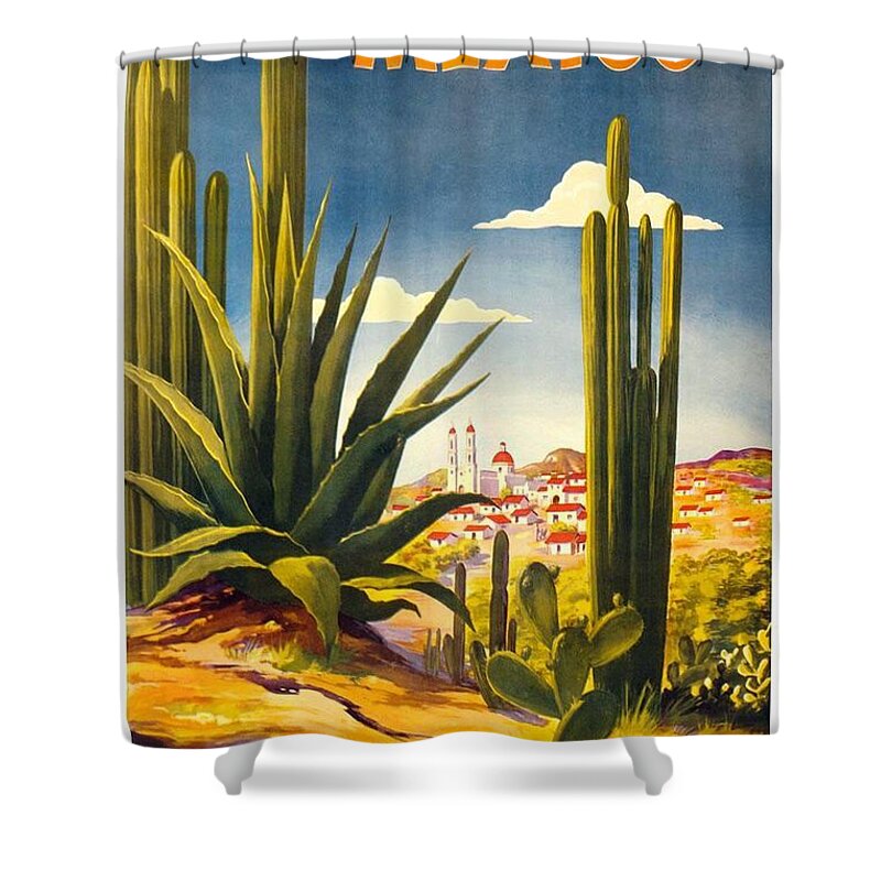 Mexico Shower Curtain featuring the mixed media Mexico - Cactus With Mexican Village - Retro travel Poster - Vintage Poster by Studio Grafiikka