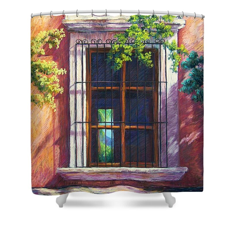 Landscape Shower Curtain featuring the pastel Mexico Window by Candy Mayer