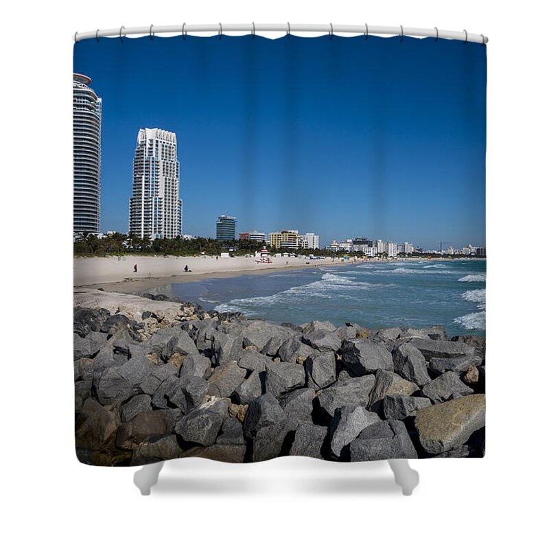 Miami Shower Curtain featuring the photograph Miami Florida Skyline Miami Beach Rock Wall by Toby McGuire