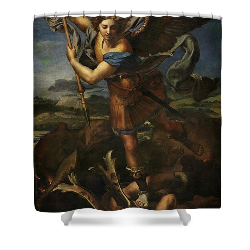 Urbino Shower Curtain featuring the painting Michael defeats Satan by Raphael