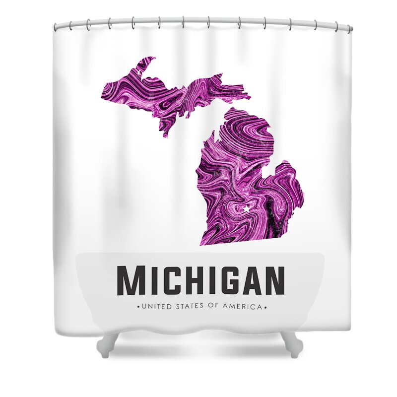 Michigan Shower Curtain featuring the mixed media Michigan Map Art Abstract in Purple by Studio Grafiikka