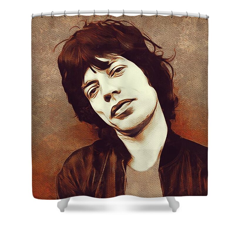 Mick Shower Curtain featuring the painting Mick Jagger, Music Legend by Esoterica Art Agency