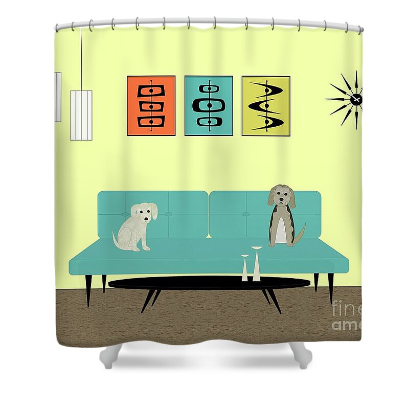 Mid Century Modern Dog Shower Curtain featuring the digital art Mid Century Modern Dogs 2 by Donna Mibus