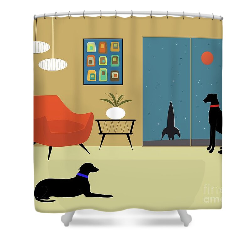 Mid Century Modern Shower Curtain featuring the digital art Mid Century Modern Dobermans by Donna Mibus