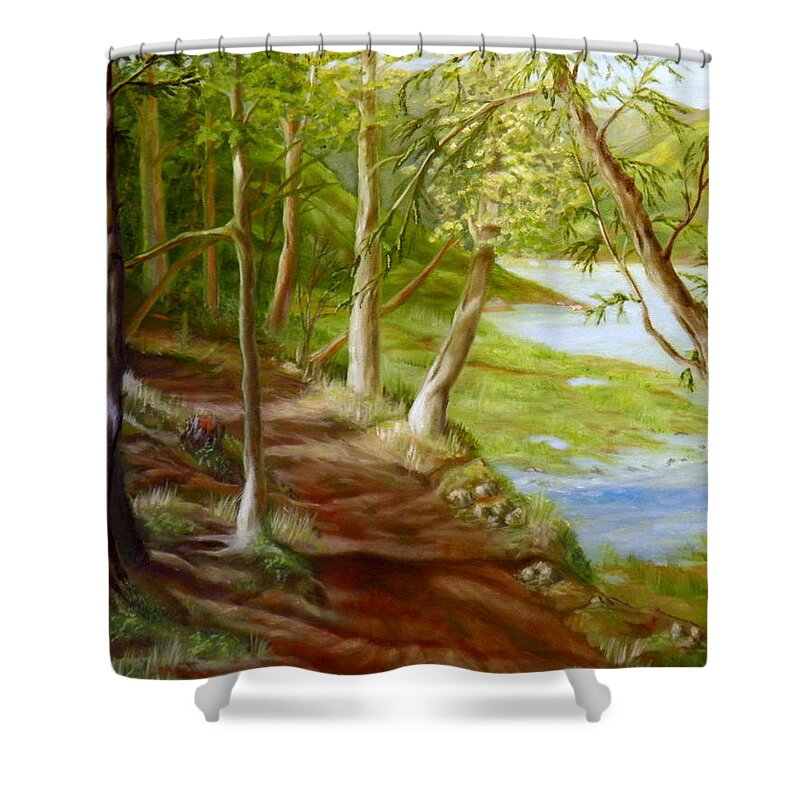 Trees Water Inlet Mountains Path Hillside Branches Leaves Foliage Grasses Bushes Rocks Light Shadow Dark Sunlight Green Yellow Brown Sky Blue White Landscape Shower Curtain featuring the painting Midsummer Walk by Ida Eriksen
