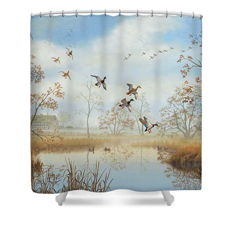 Mallards Shower Curtain featuring the painting Midwest Migration by Guy Crittenden