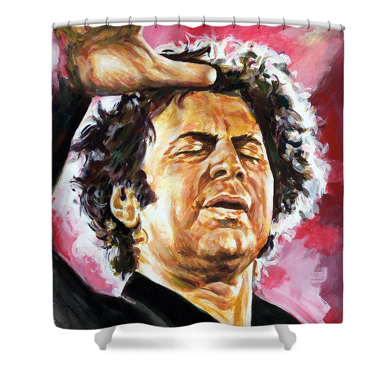 Mikis Theodorakis Shower Curtain featuring the painting Mikis Theodorakis by Star Portraits Art