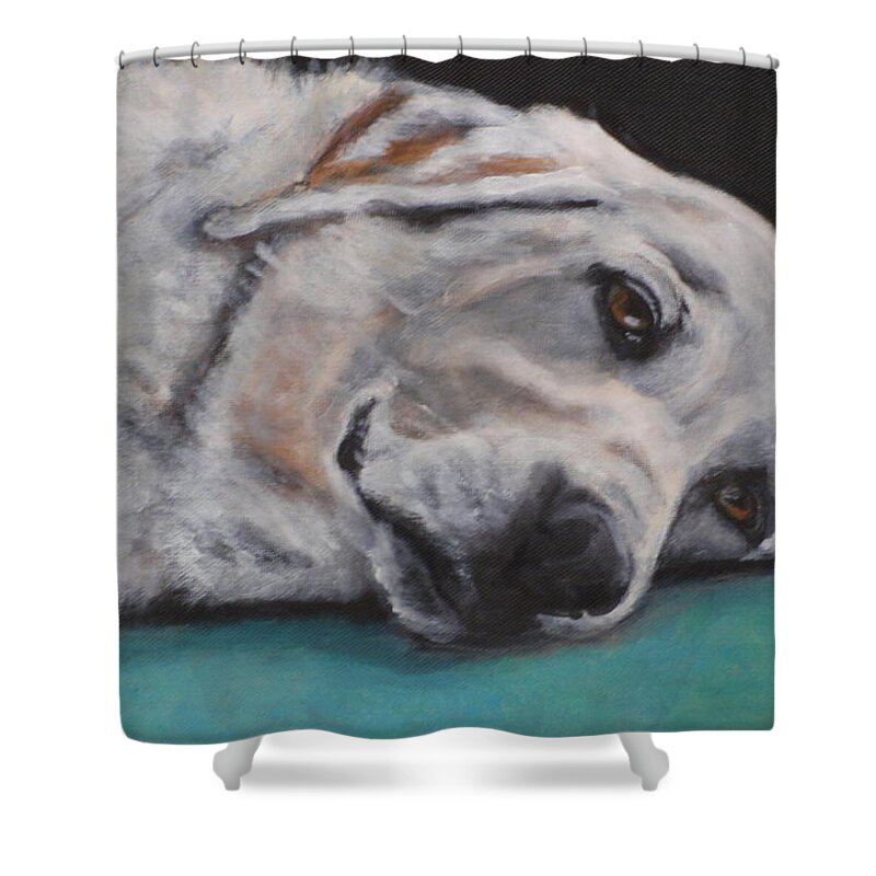 Yellow Labrador Shower Curtain featuring the painting Mila Sleeping by Carol Russell