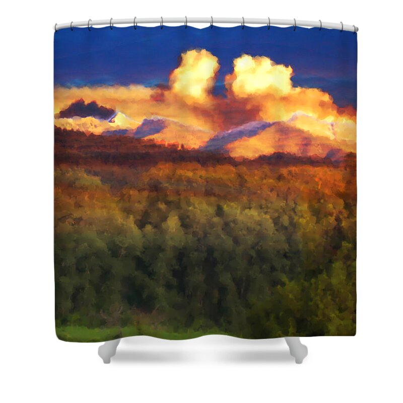 Truchas Peaks Shower Curtain featuring the painting Milagro Cloud Theater Over Truchas Peaks NM by Anastasia Savage Ealy