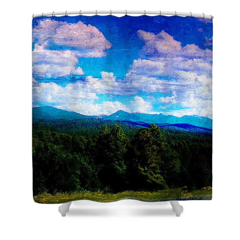Milagro Skies Series- Sangre De Cristo Mountains Shower Curtain featuring the painting Milagro Skies Above Sangre de Cristos by Anastasia Savage Ealy