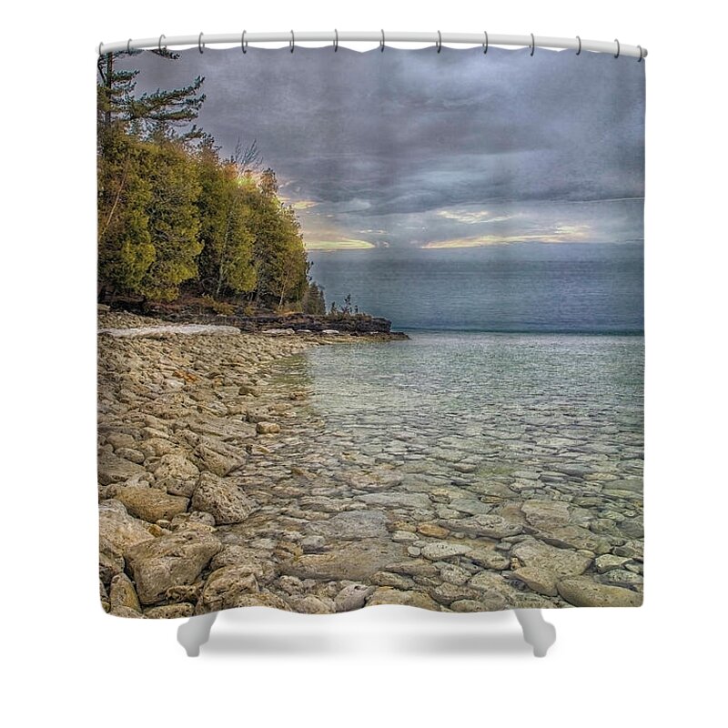 Door County Landscape Photography Shower Curtain featuring the photograph Miles and Miles of Rocks I Cave Point - Door County by Nikki Vig