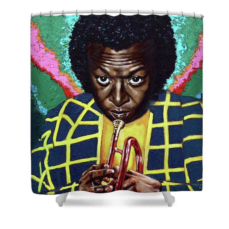 Miles Davis Shower Curtain featuring the painting Miles Davis by John Lautermilch