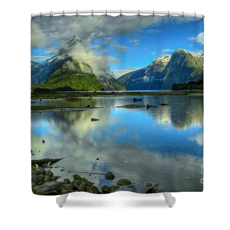 Milford Sound Shower Curtain featuring the photograph Milford Sound by Peter Kennett