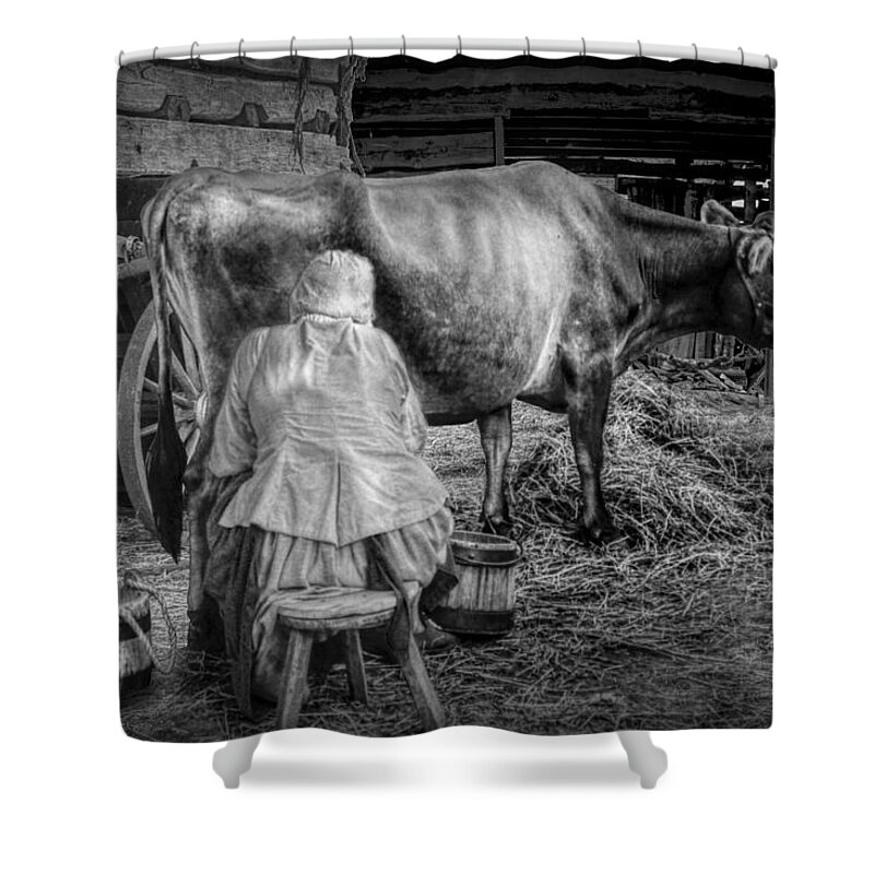Cow Shower Curtain featuring the photograph Milk Maid milking a Cow in the Barn in Black and White by Randall Nyhof