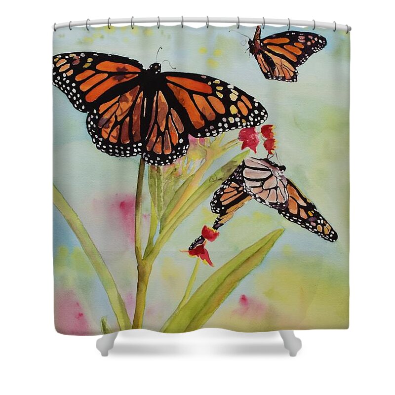 Monarchs Shower Curtain featuring the painting Milkweed Party by Celene Terry