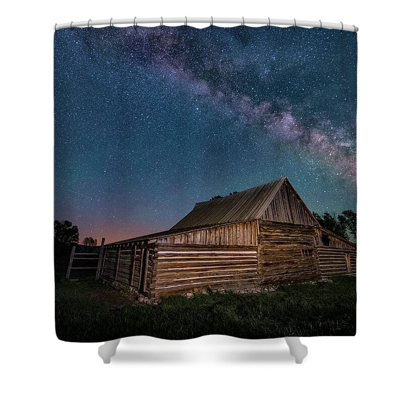 Mormon Row Shower Curtain featuring the photograph Milky Way Over Moulton Barn by Michael Ash