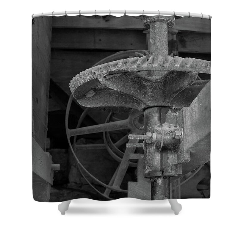 Gears Shower Curtain featuring the photograph Mill Gears Grayscale by Jennifer White