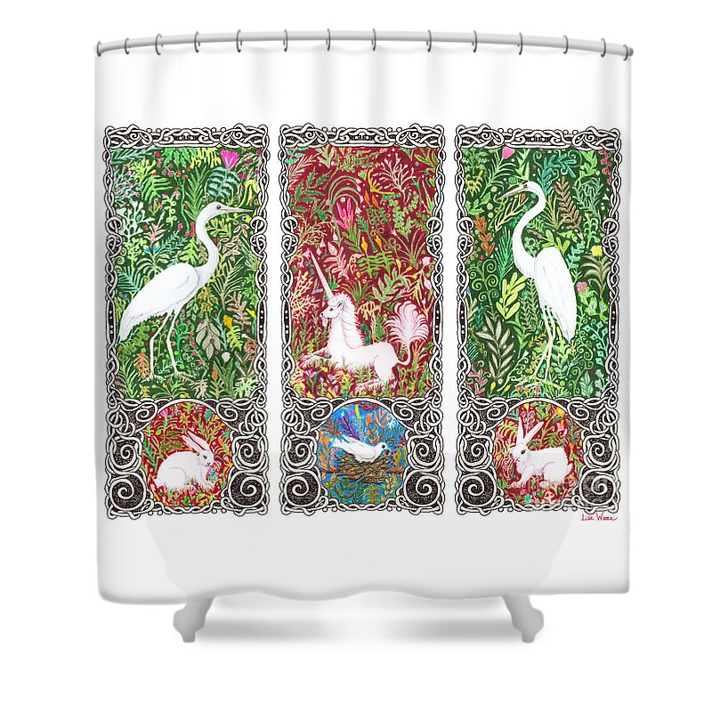 Lise Winne Shower Curtain featuring the drawing Millefleurs Triptych with Unicorn, Cranes, Rabbits and Dove by Lise Winne