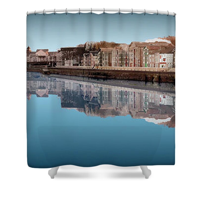 Millenium Quayside Shower Curtain featuring the digital art Millenium Quayside Reflection - Blue by Joe Tamassy