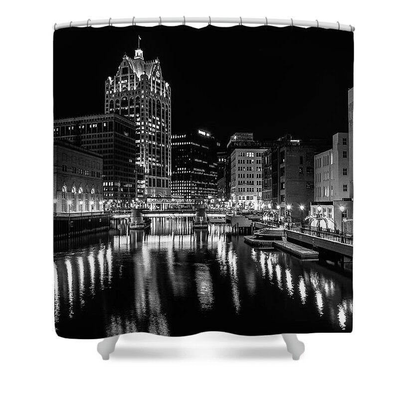Monochrome Shower Curtain featuring the photograph Milwaukee at Night by John Roach