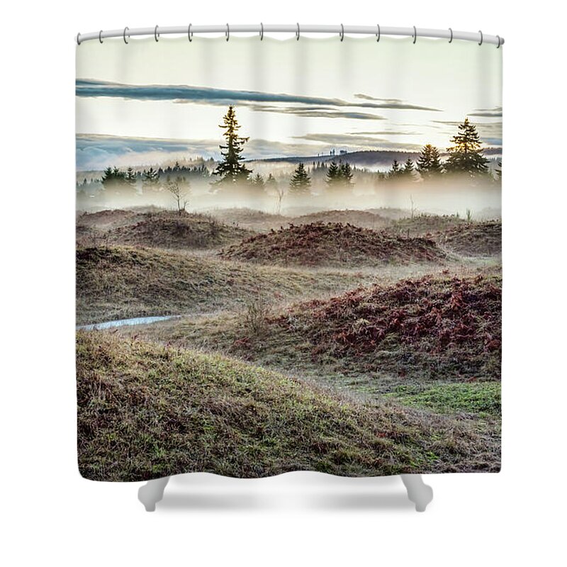 Mima Shower Curtain featuring the digital art Mima Mounds Mist by Jean OKeeffe Macro Abundance Art