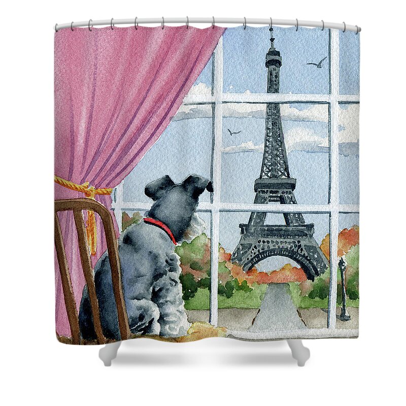Mini Shower Curtain featuring the painting Miniature Schnauzer in Paris by David Rogers