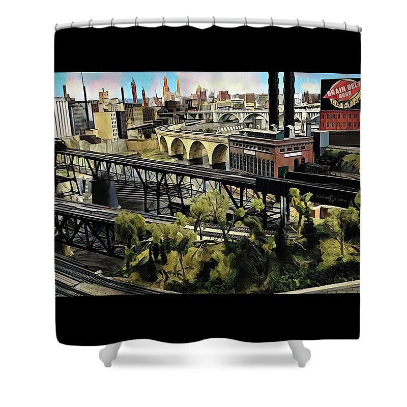 Railroad Shower Curtain featuring the painting Minneapolis by Rail by Tim Nyberg