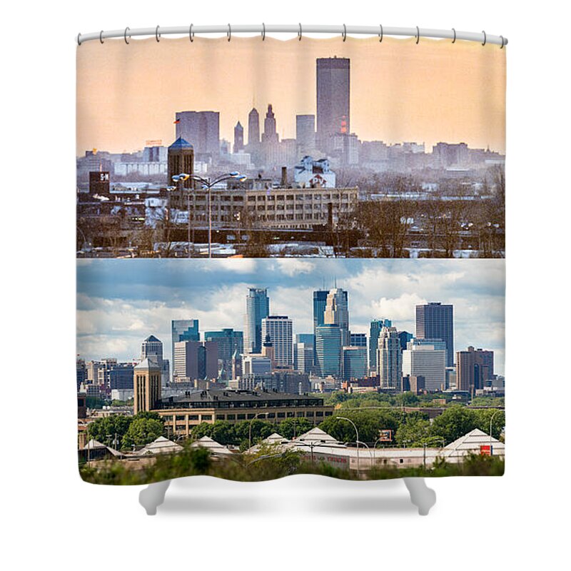 1975 Shower Curtain featuring the photograph Minneapolis Skylines - old and new by Mike Evangelist
